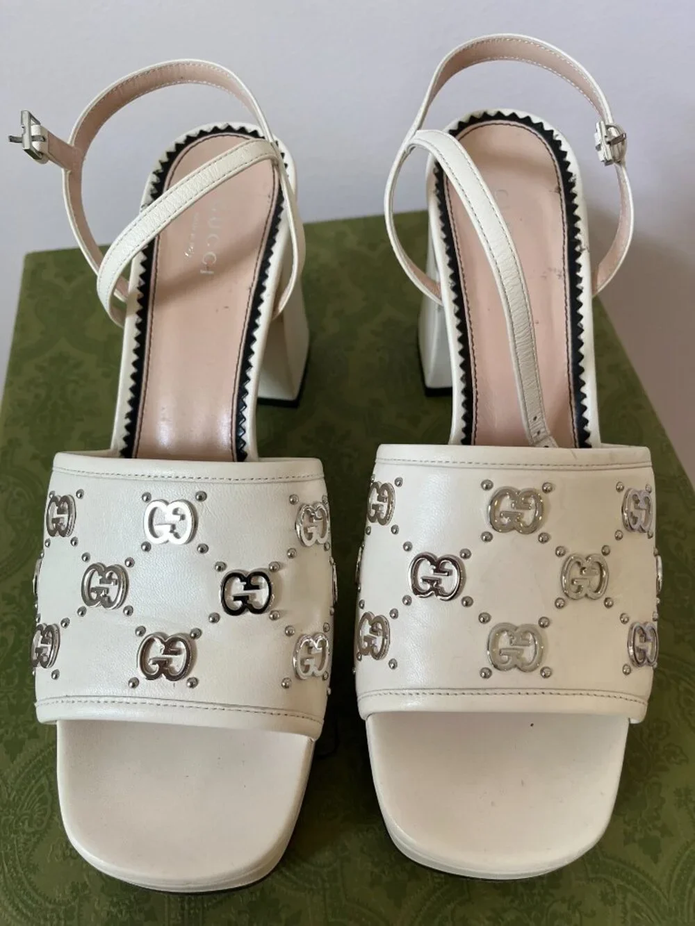 Gucci Mystic White Leather Platform Sandals GG Studded Block Heel Size 39 Box & - Picture 6 of 9